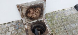 Caixa de gordura aberta com mangueira de sucção durante a limpeza, com gordura acumulada na tampa
