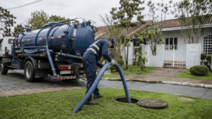 Caminhão limpa fossa realizando esgotamento de fossa séptica residencial em Curitiba
