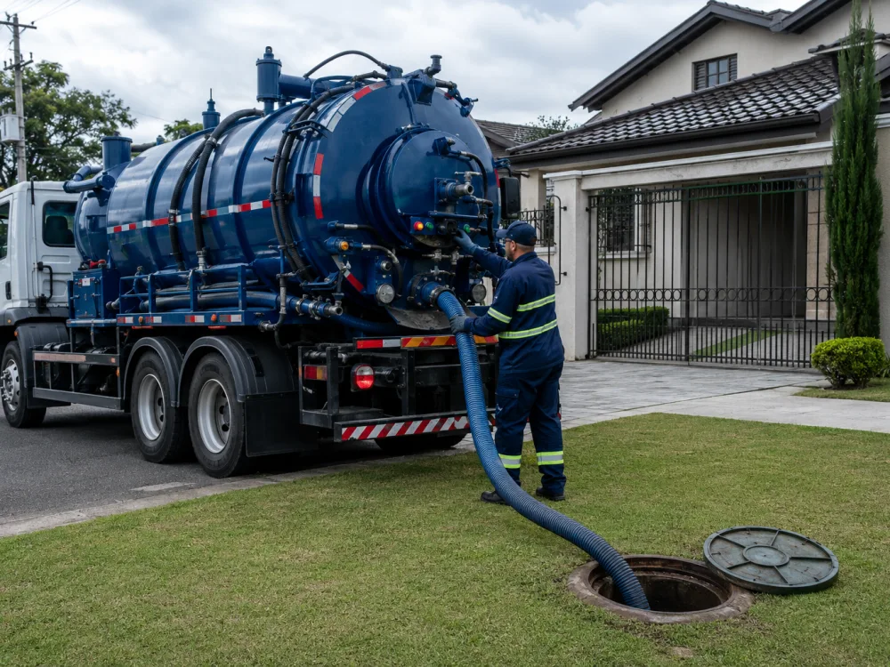 Técnico posicionando mangueira do caminhão limpa fossa na tampa de inspeção em Curitiba