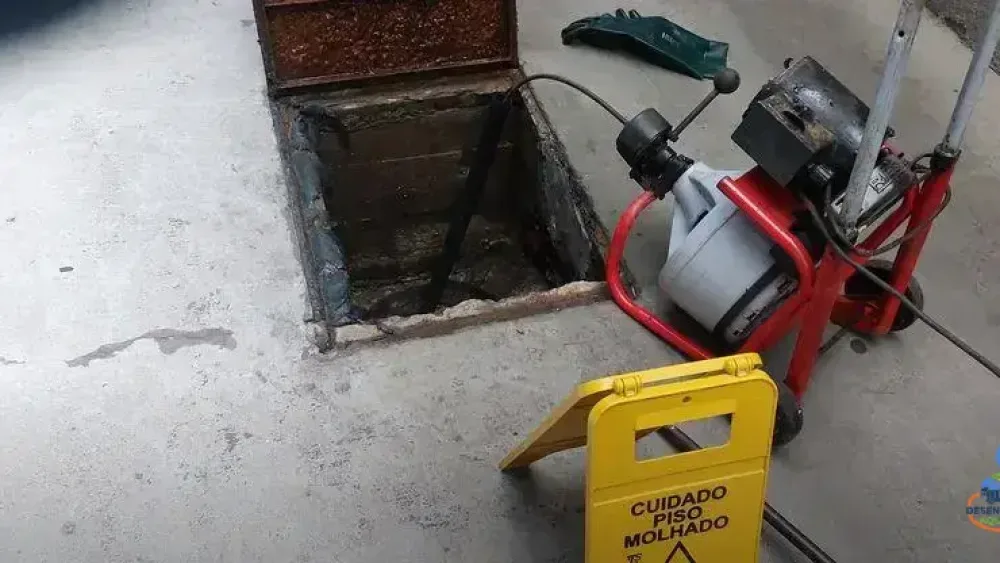 Ponto de inspeção de rede de esgoto aberto durante manutenção residencial em Curitiba