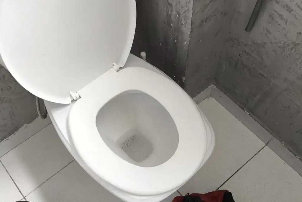 Bolsas de ferramentas da equipe ao lado de vaso sanitário durante atendimento
