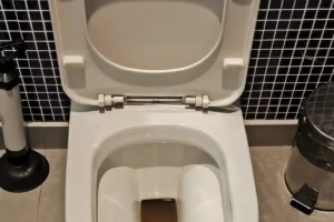 Vaso sanitario entupido em banheiro residencial com azulejo escuro